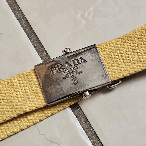 PRADA Waist Belt Yellow Nylon Fabric Silver Logo Buckle Size 36 Made In Italy - Picture 5 of 15